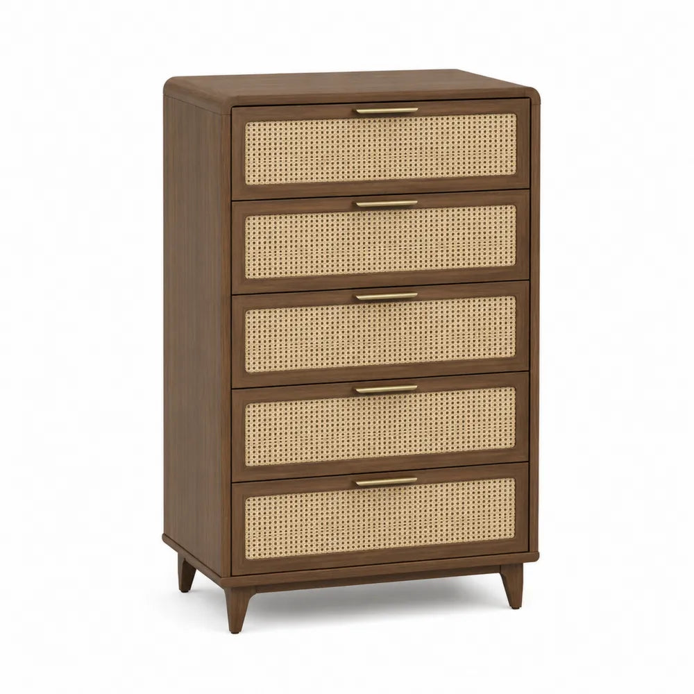 Cómoda de 5 cajones de madera y ratán marrón
