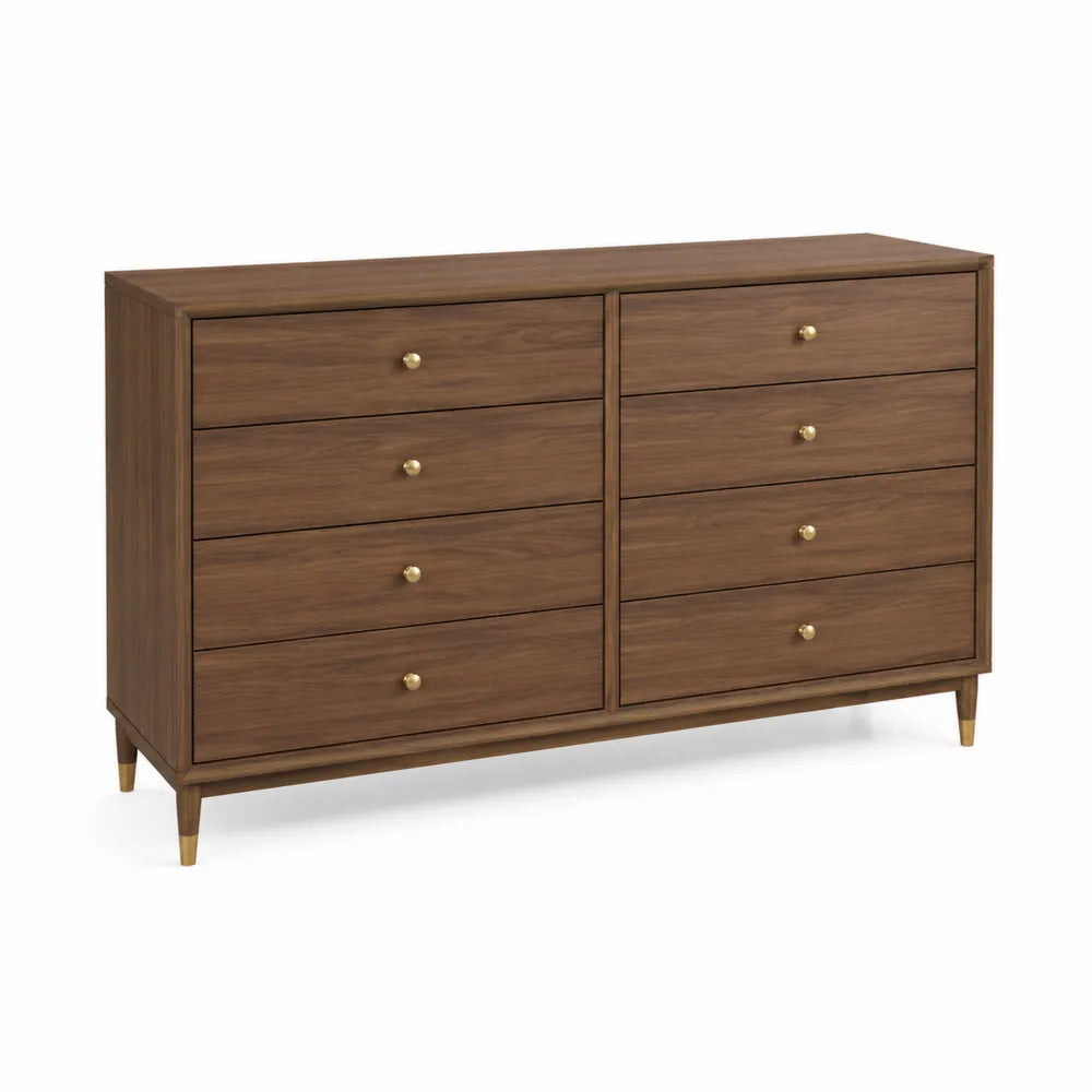 Cajonera de madera de nogal con patas doradas y 8 cajones