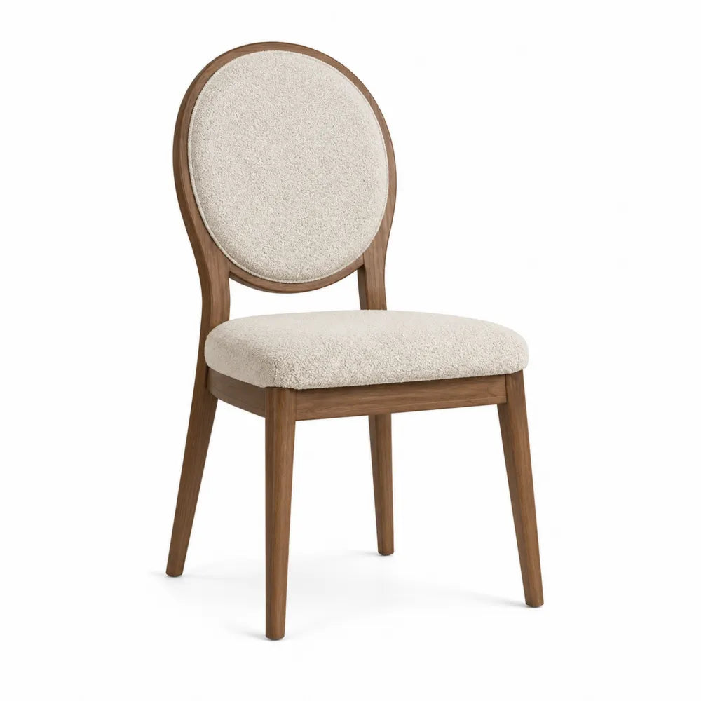 Silla de madera de nogal y tela de poliéster beige con respaldo ovalado