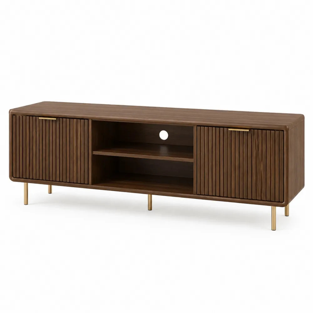 Mueble de TV de nogal con patas metálicas doradas, 150 cm