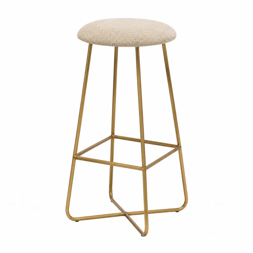 Taburete alto beige en tela de poliéster y metal dorado