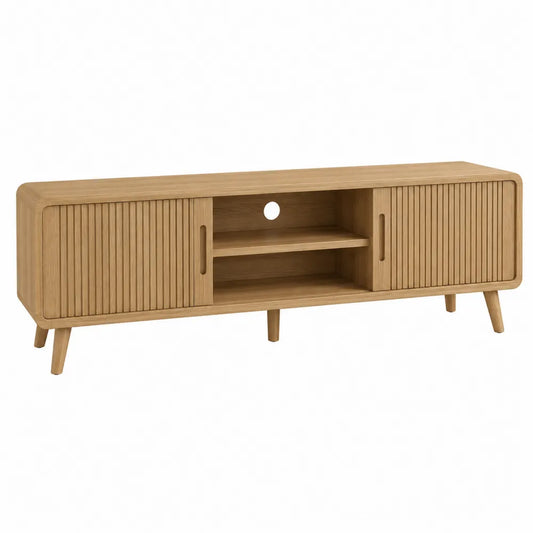 Mueble de roble para TV con puertas correderas y estantes 150x40x50 cm
