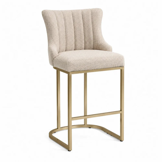 Silla de Bar de Bouclé Crema con Base de Metal Dorado
