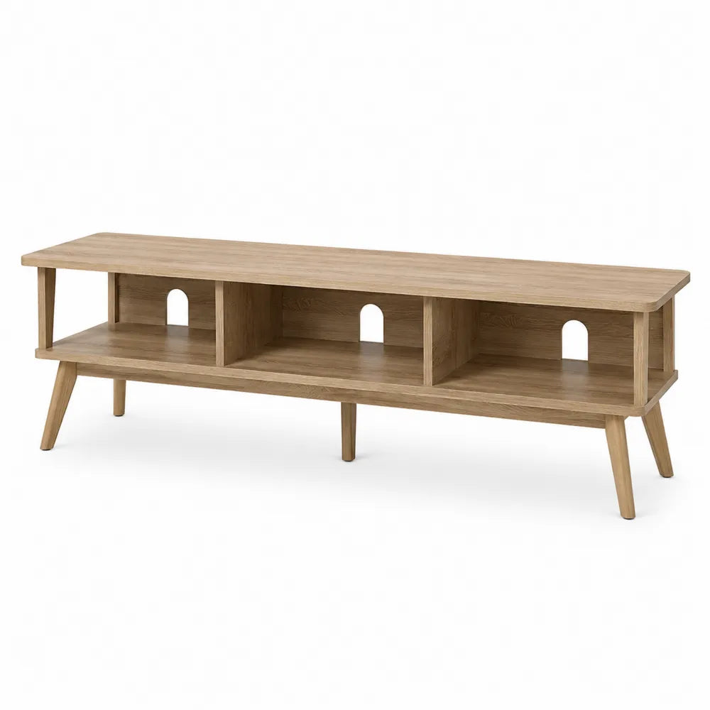 Mueble de TV de madera con compartimentos abiertos