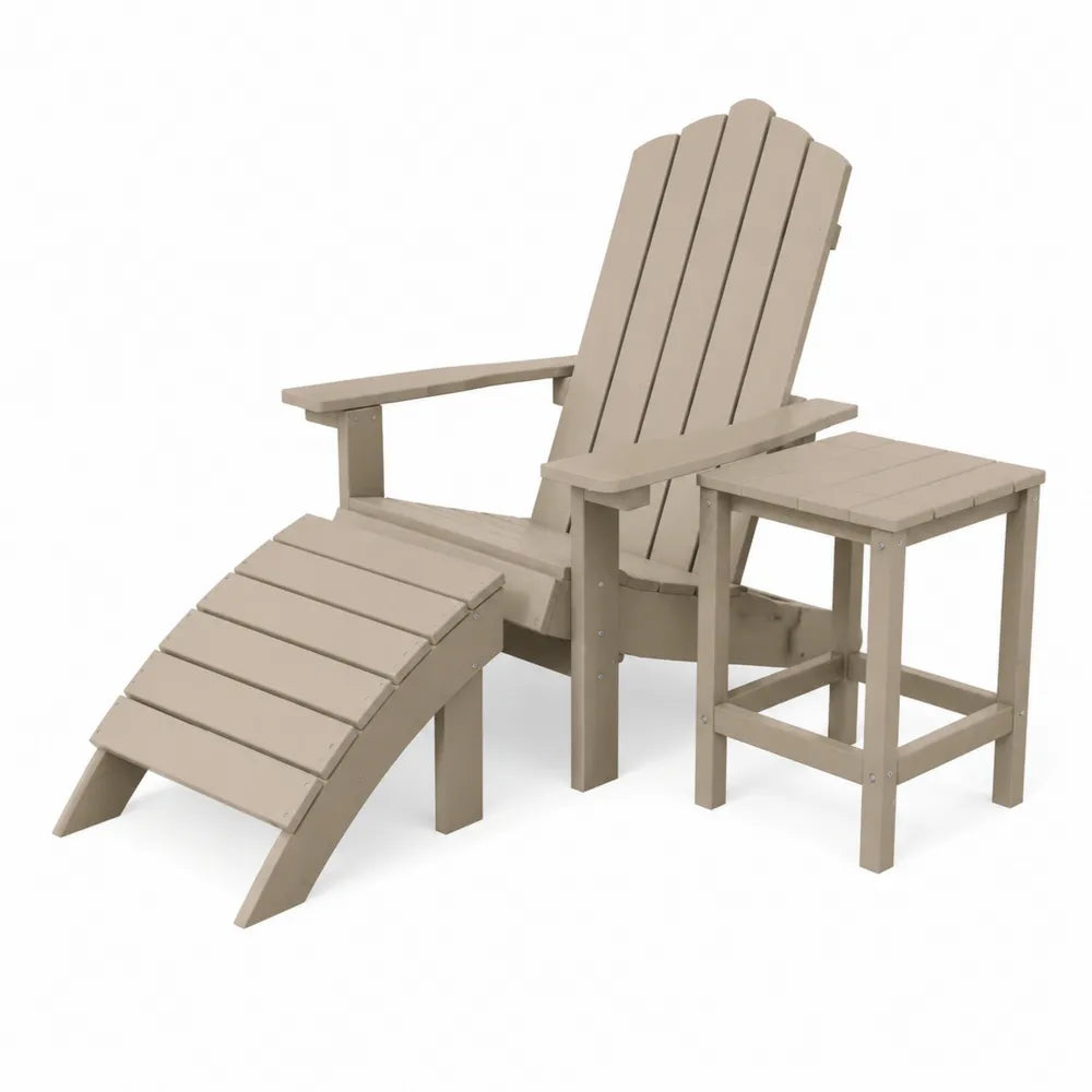 Conjunto de Silla Adirondack con Reposapiés y Mesa Auxiliar de Material Compuesto Beige