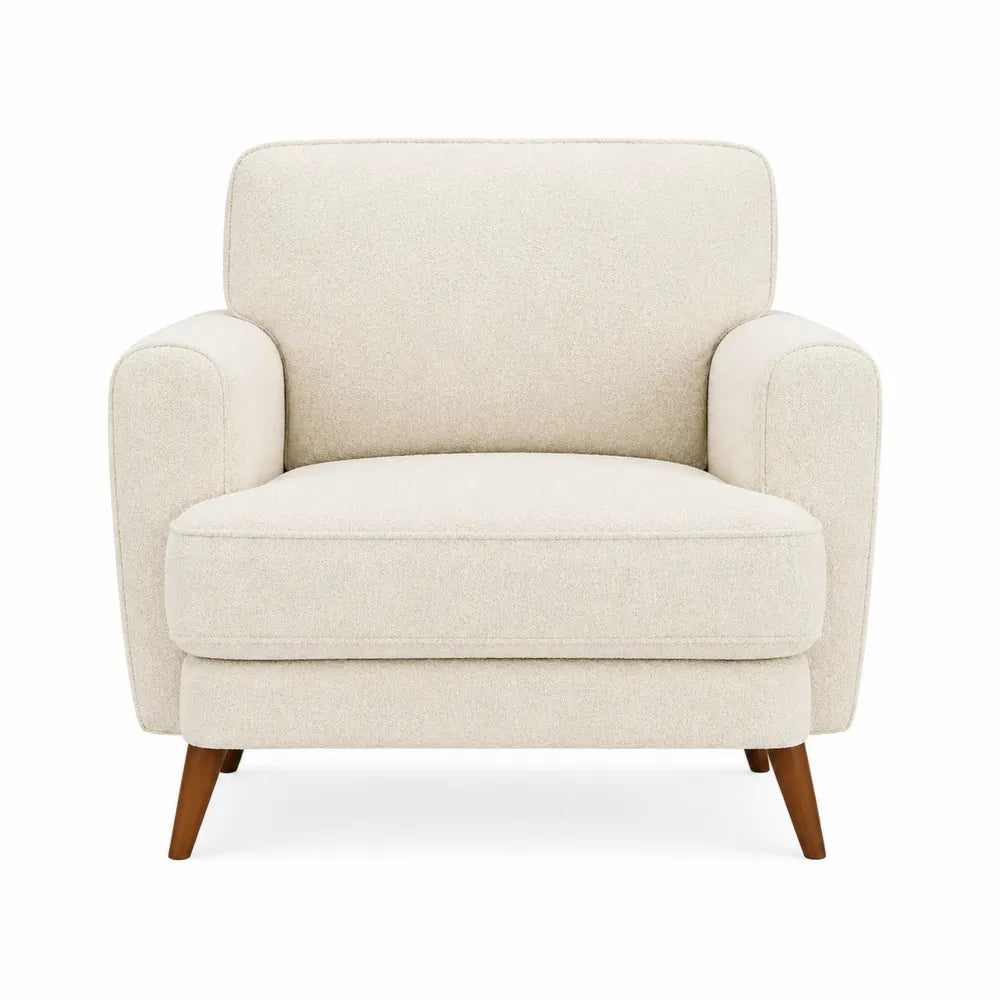 Sofá individual de poliéster beige con patas de madera