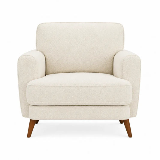 Sofá individual de poliéster beige con patas de madera