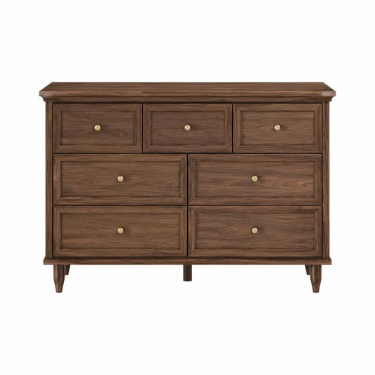 Cómoda de 7 cajones de madera de nogal con tiradores metálicos