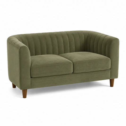 Sofá de terciopelo verde oliva con patas de madera