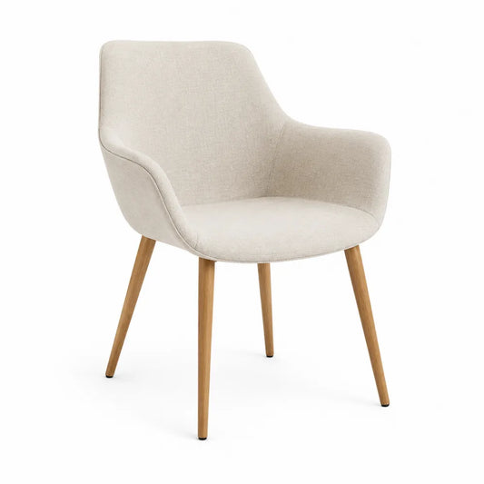 Silla de comedor de poliéster beige con patas de madera de haya