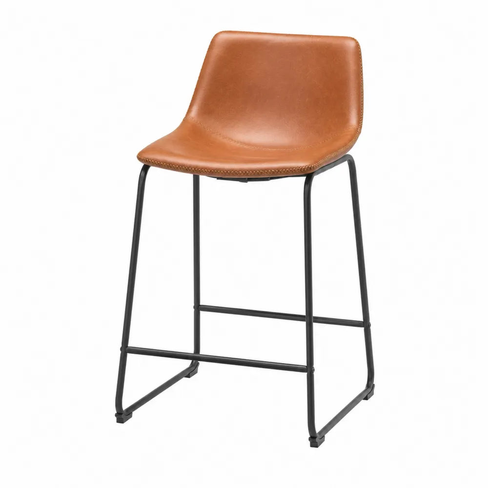 Taburete de cuero sintético marrón con estructura de metal negro