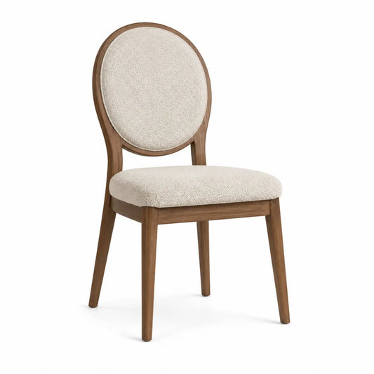 Silla de madera de nogal y tela de poliéster beige con respaldo ovalado
