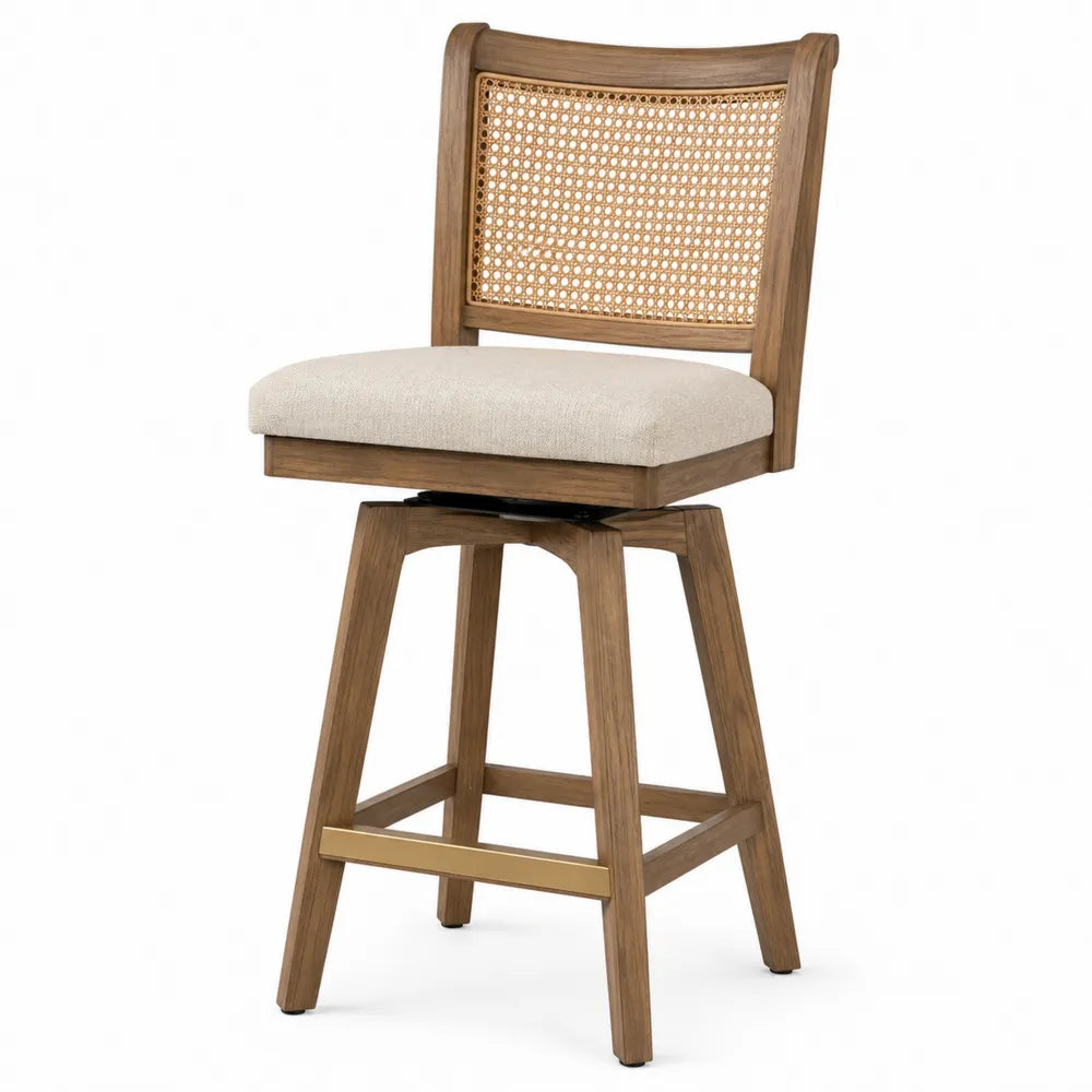 Taburete giratorio de madera con asiento de lino y respaldo de rejilla de ratán