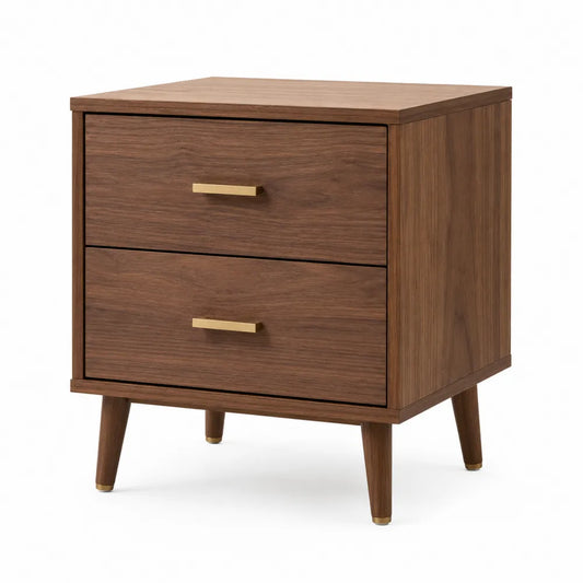 Mesita de noche de madera de nogal con mangos dorados 60cm x 40cm x 40cm