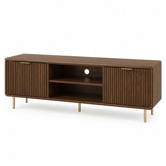 Mueble de TV de nogal con patas metálicas doradas, 150 cm