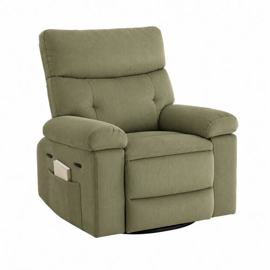 Sillón Reclinable de Tela de Pana Verde con Bolsillo y Base Giratoria